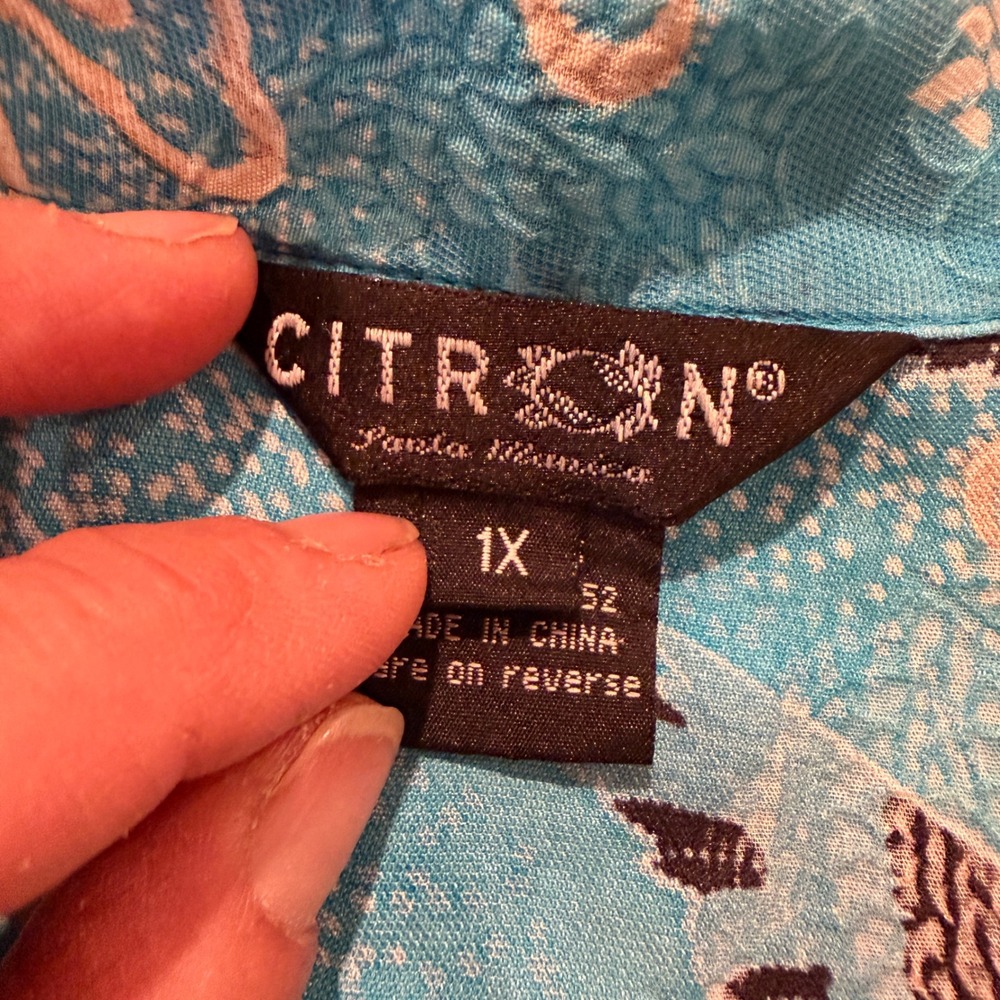Citron Santa Monica 100% Silk Crane Print Blouse Blue Sleeveless Top Plus 1X - Picture 7 of 9